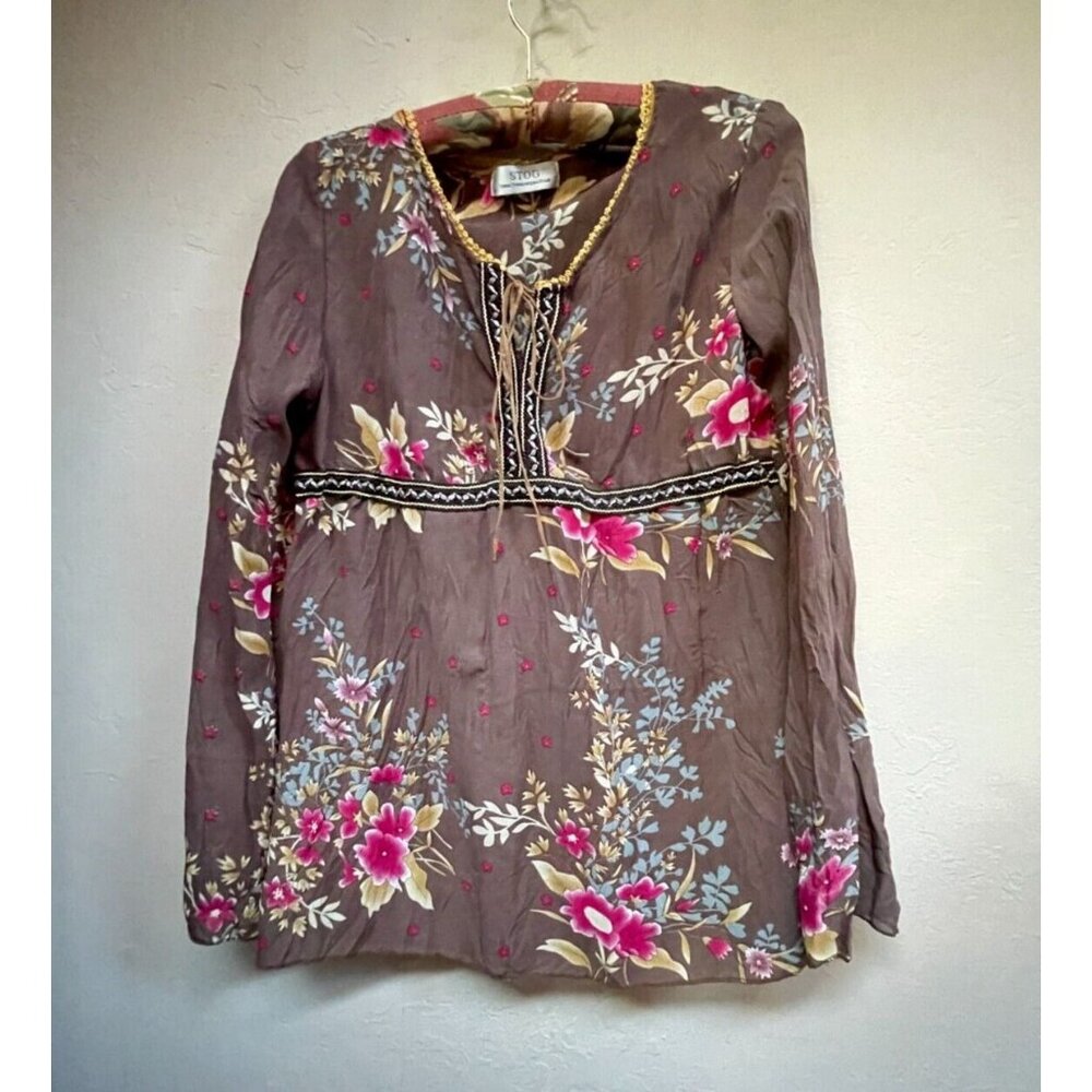 STOG Speed Trendy Original Grade Lace-Detail Floral Long Sleeve Top Blouse Brown
